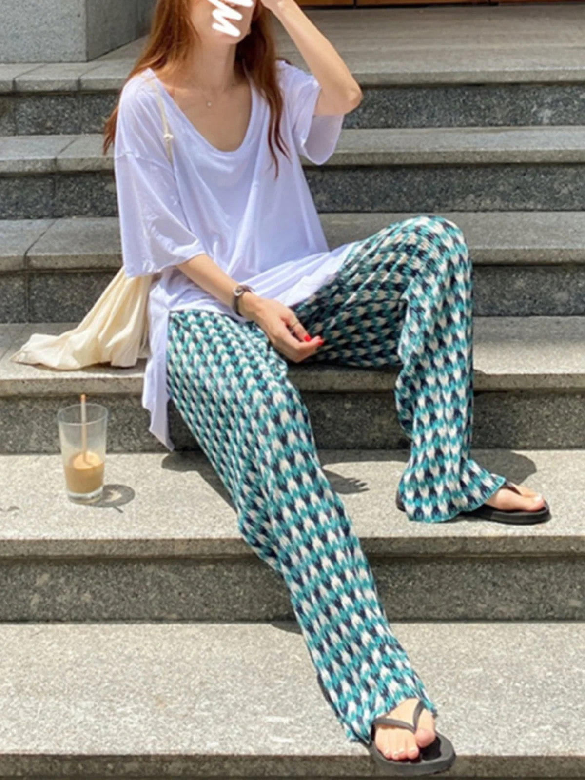 Pantalon à jambes larges en soie glacée pour femmes, Plaid fin, décontracté, en mousseline de soie, frais, climatisation, Protection solaire, pantalon plié, été