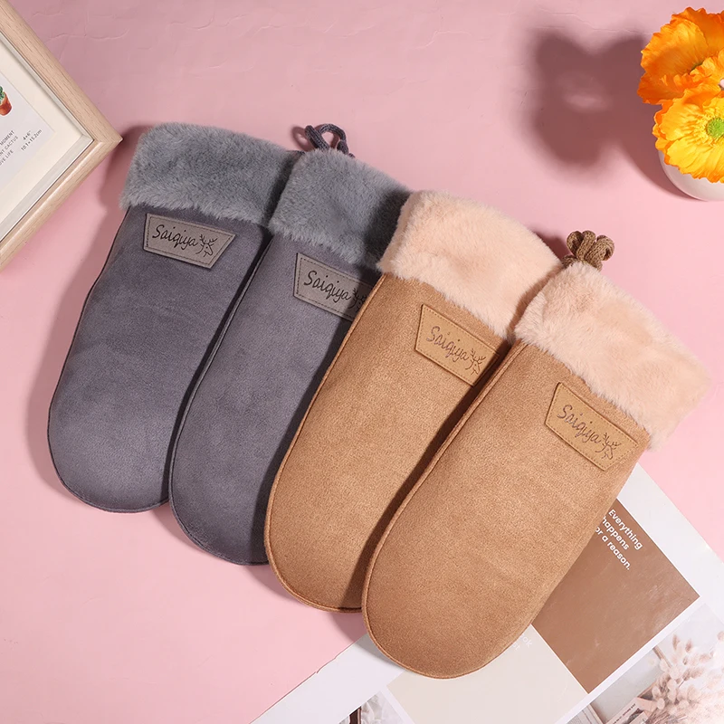 Winter Women Keep Warm Thickened Fleece Suede Halter Gloves Cute Lovely Sweet Cold Protection Mittens