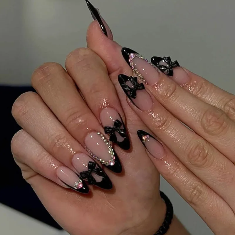 

24 Pcs Almond Realistic False Nails with Tools Black French Aesthetic press on Nails 3d Bow Ready-made Artificial Fake Nails Set
