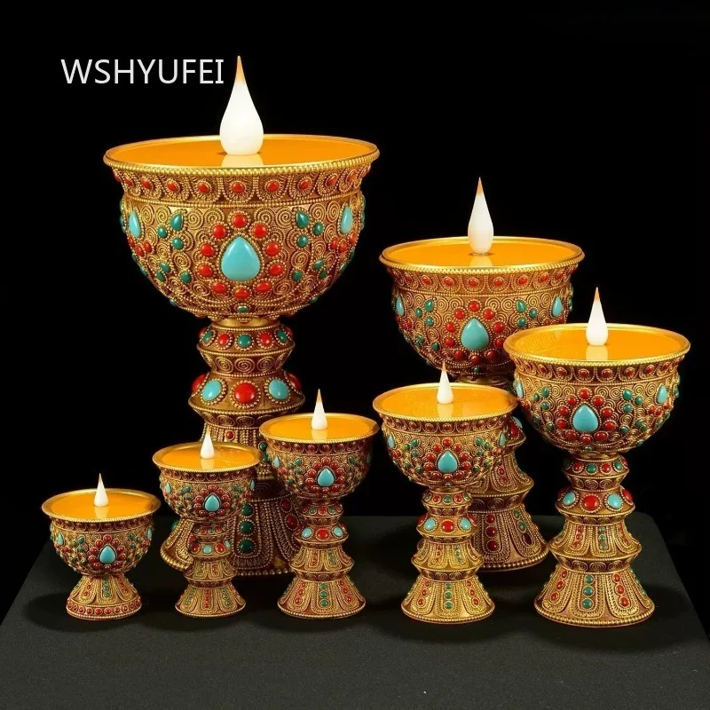 Tibetan Style Inlaid Gem Butter Lamp Golden Embossed Pedestal Lamp Holder Electronic Wick Altar Offering Ornament Shrine Worship