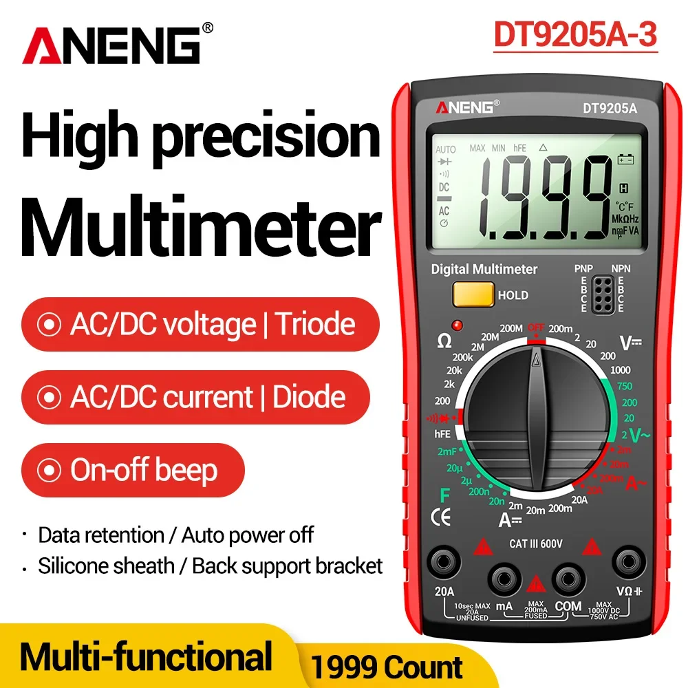 

ANENG DT9205A Professional Multimeter 1999 Counts AC/DC Voltage Current Tester Resistance Triode Capacitor High-Precision Tools