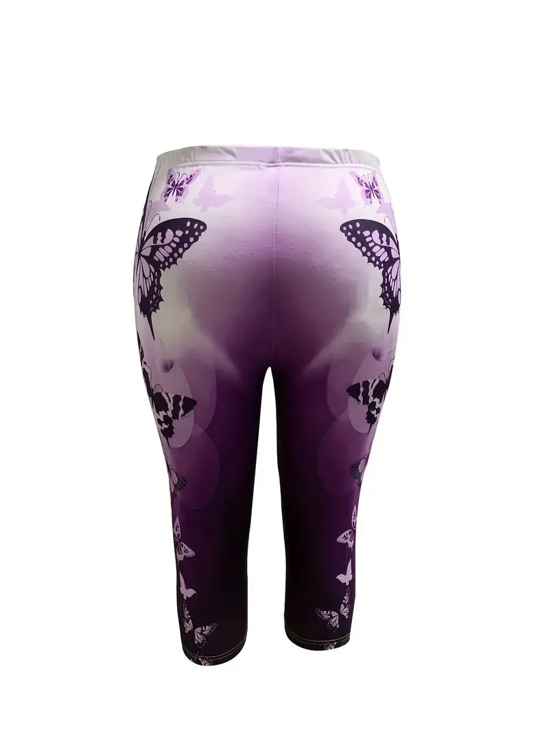 Butterfly print stretch elastic waist slim leggings capri pants can be worn by women on beach vacation