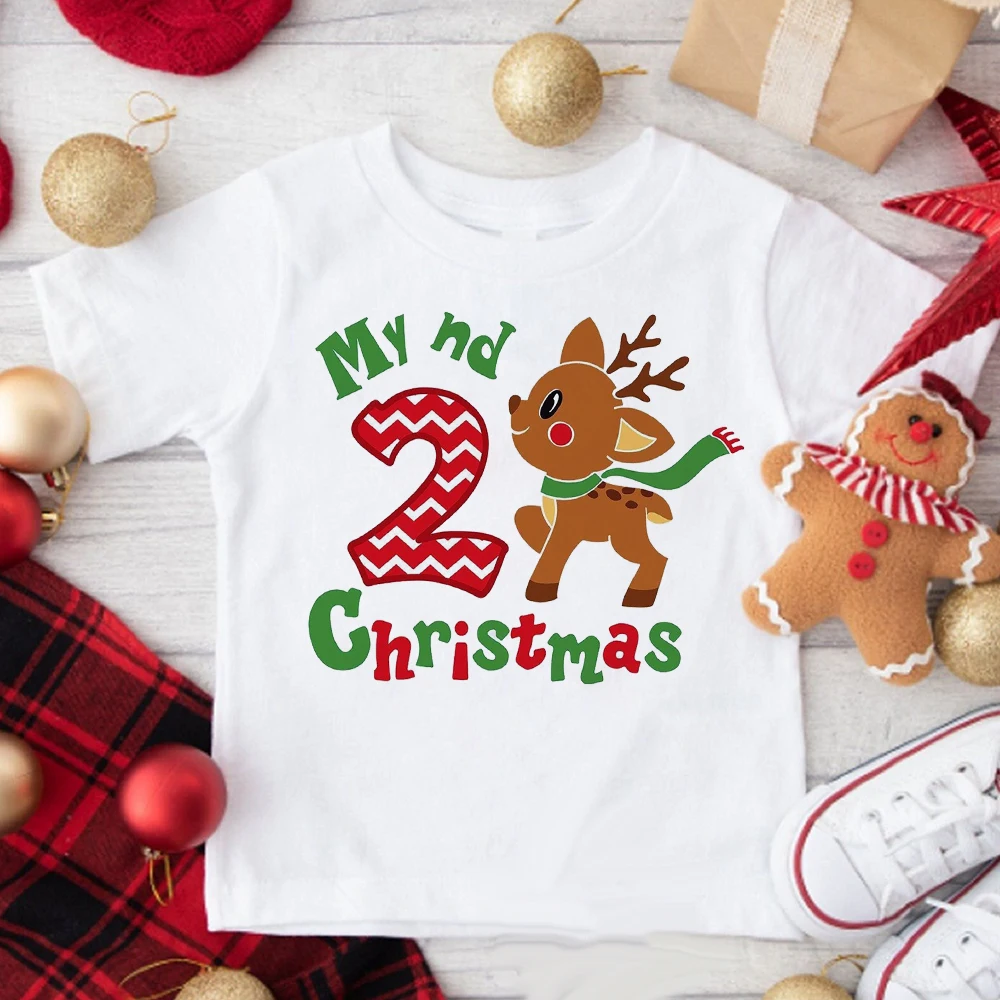 

My 2nd Christmas Deer Printed T Shirt Christmas Kid Outfit T-shirt Child Clothes Tops Boy Girl Xmas Party Tshirt Holiday Gifts