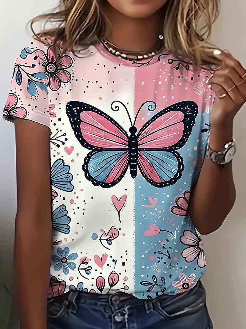 

Женская футболка с круглым вырезом и бабочкой, летняя уличная мода, топы с короткими рукавами, женская одежда больших размеров с цветочным принтом