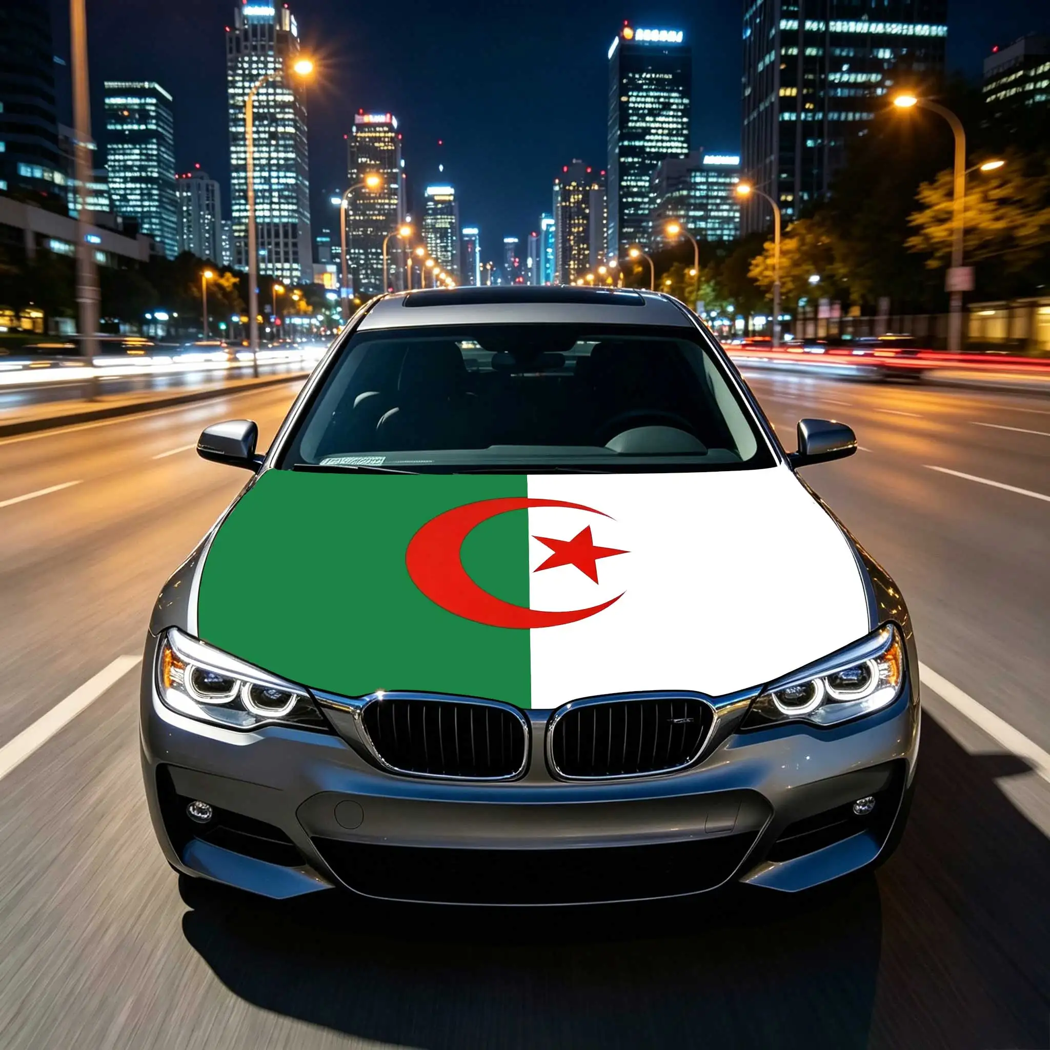 3.8x5.3fts National Algeria Flag Banner Car Hood Cover Flag Elastic Fabrics Engine Cover For Decoration
