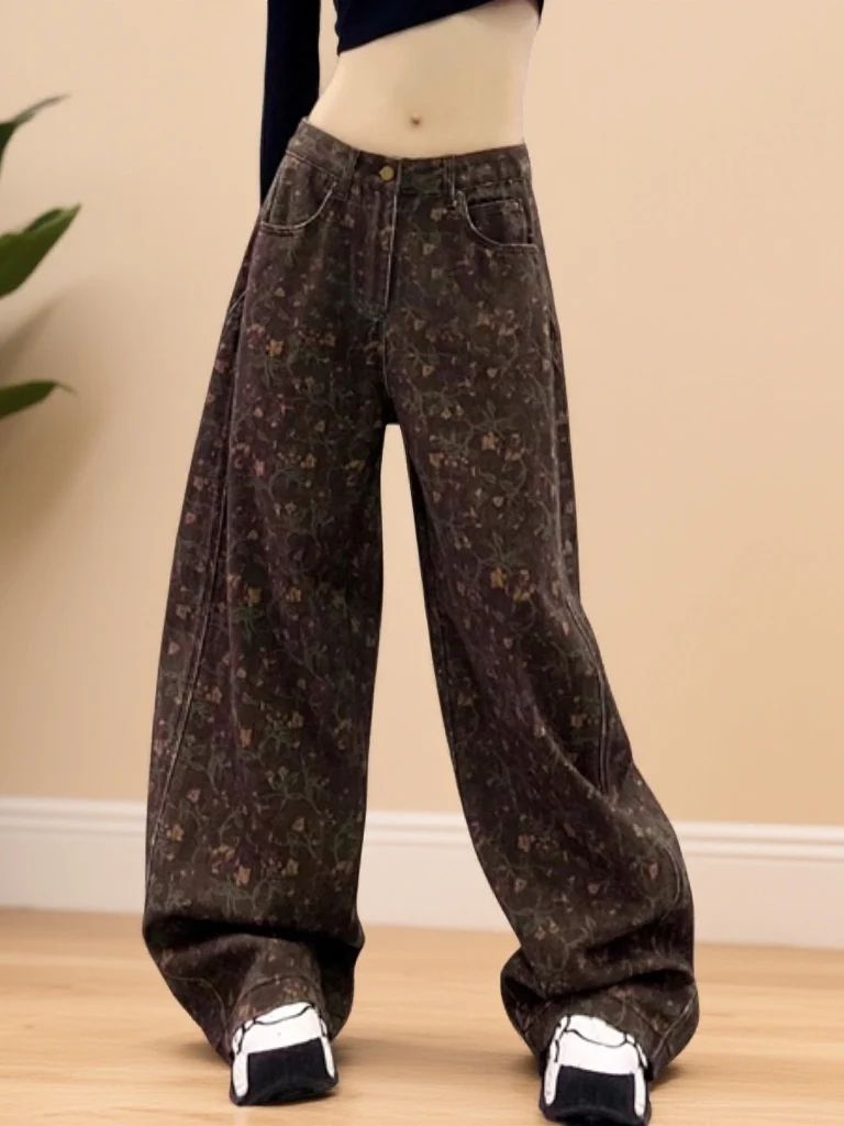 

Faionable High Waist Printed Straight Leg Jeans Women's Autumn Winter Loose Wide Leg Pants Casual Sle Multi ket Denim