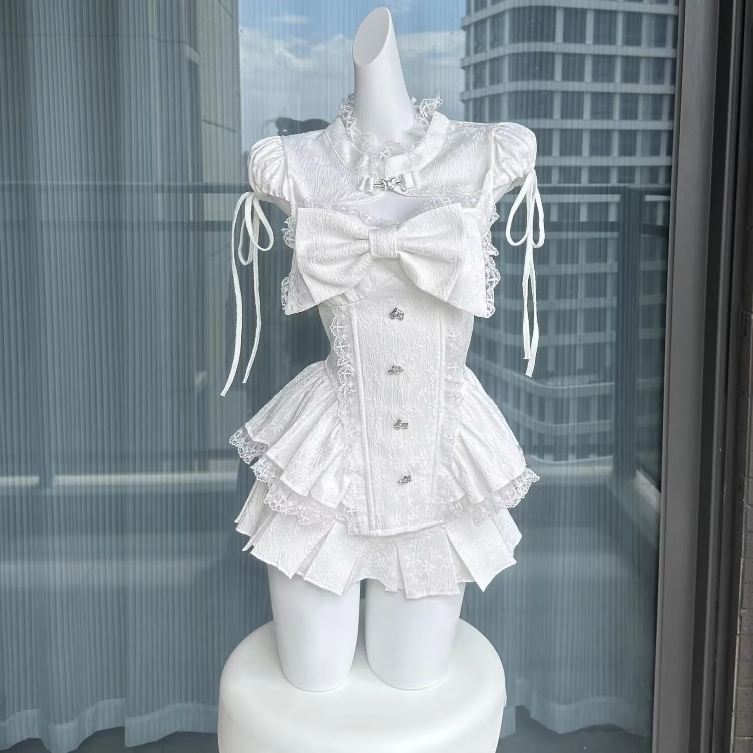 

Lolita Style Skirt Set Women Kawaii Lace Patchwork Bow Y2k Tops Cute Cake Mini Skirts Suits Korean 2 Piece Sets Festival Outfit