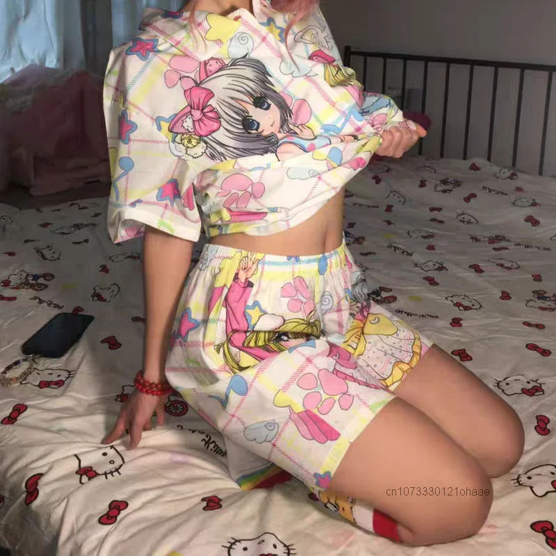 Sweet Soft Y2k Girl Fashion Anime Sleepwear Women\'s Summer New Cute Cartoon Thin Home Set Japanese Style Harajuku Kawaii Pajamas