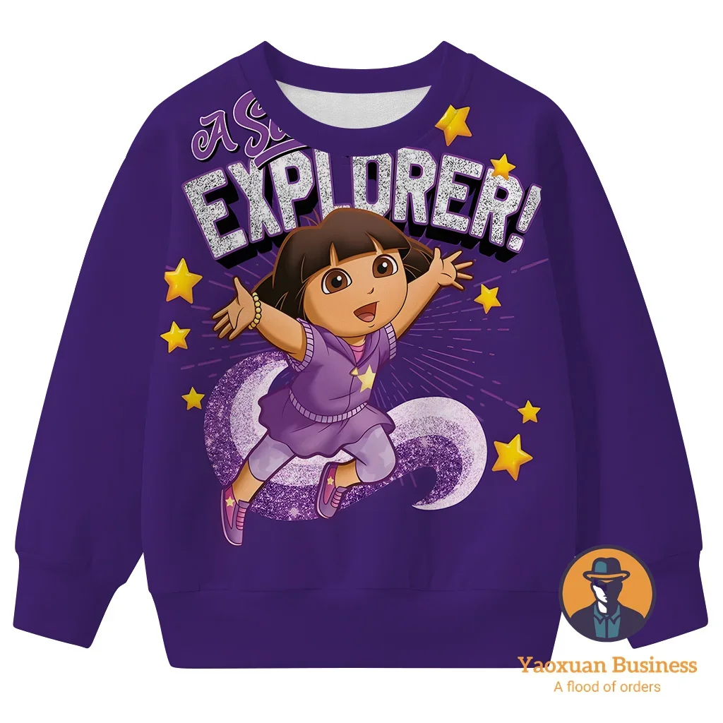 

2025 Dora The Explorer 3D толстовка с круглым вырезом для детей-подростков, мальчиков и девочек, новый летний хит продаж, модная, лучшая мода