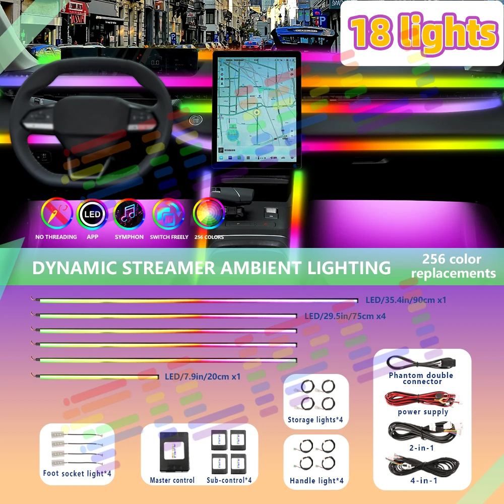 18 In1 Symphony Car LED Environment Light 256 RGB Rainbow Neon Bar Acrylic Interior Instrument Panel Atmosphere Light Music