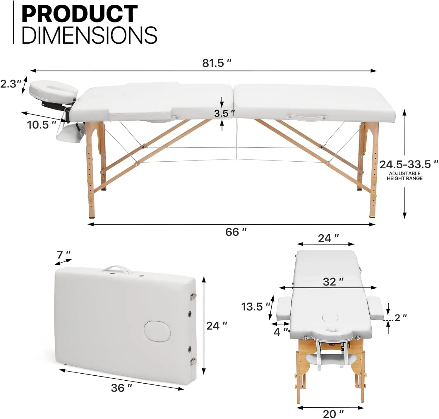 Table de massage portable avec cadre et étui de transport, lit de spa réglable recommandé, table de massage blanche, 82 po, 2