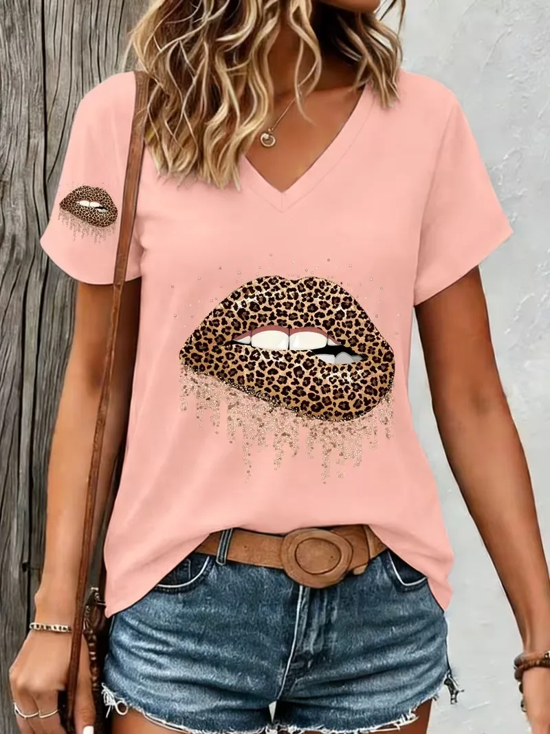 T-shirt femme imprimé léopard 3D tendance pour l'été, col en V, manches courtes, décontracté, surdimensionné, vêtements pour femmes