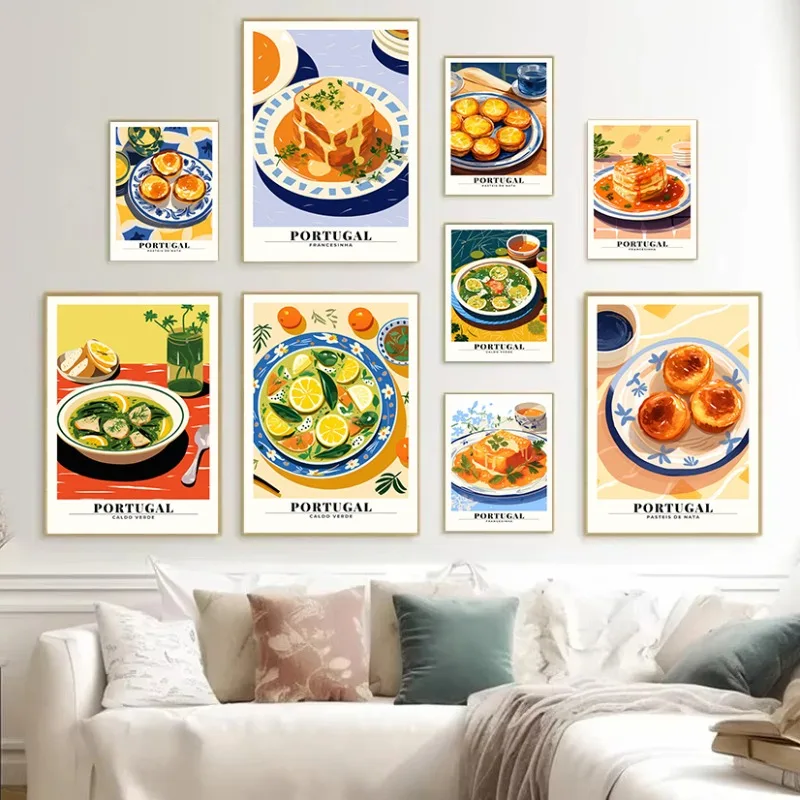 Portugal comida tradicional Pasteis De Nata Caldo Verde Francesinha cartel De cocina lienzo pintura artística imagen pared decoración del hogar