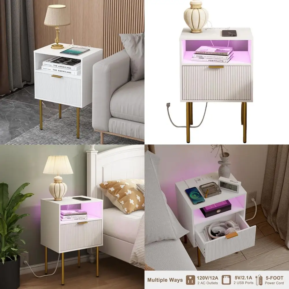

Contemporary White Nightstand with Charging Dock & LED Lighting, Drawer Storage Side Table for Living & Bedrooms