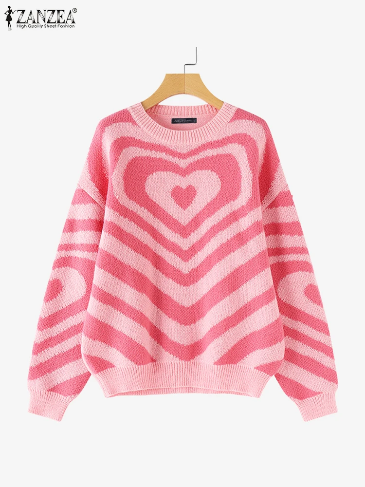 ZANZEA Stylish Women Sweaters Autumn Long Sleeve Heart Striped Sweater Winter Stylish Loose Jumper 2024 Casual Knitted Pullovers