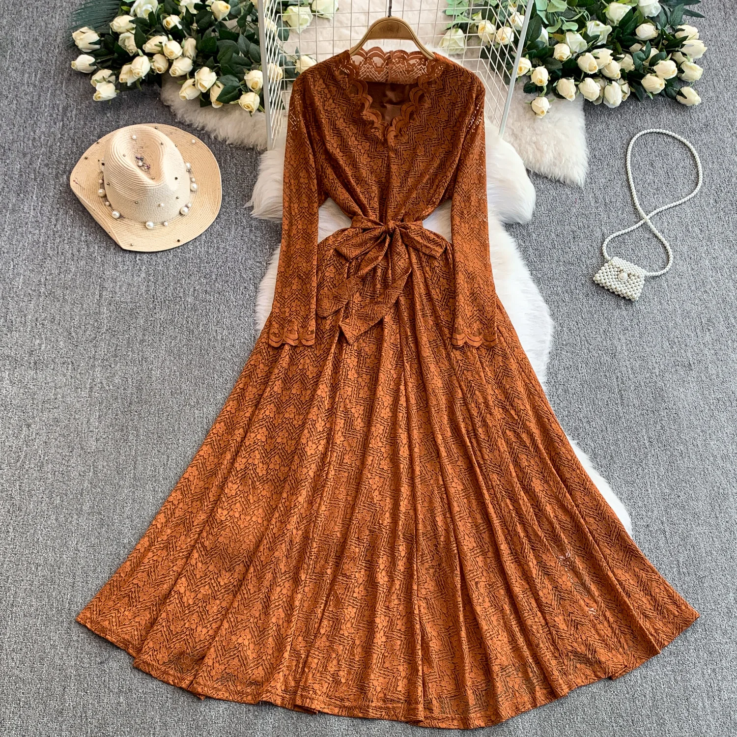 فساتين أنيقة بأكمام طويلة ورقبة على شكل حرف V من الدانتيل أنيقة لحفلات الجنية فستان صيفي رائع ملابس نسائية فستان على شكل حرف A #4