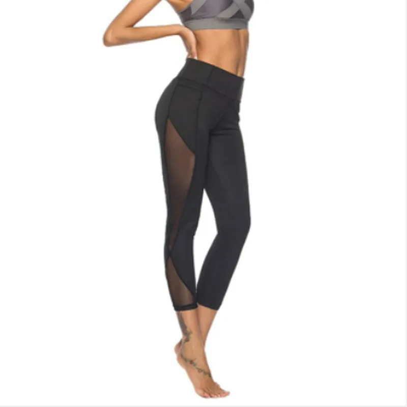 Leggings sexy in rete Estate Nuove donne Abbigliamento Scava fuori pizzo Nero Sport Pantaloni da yoga Moda Elasticità a vita alta Splicing