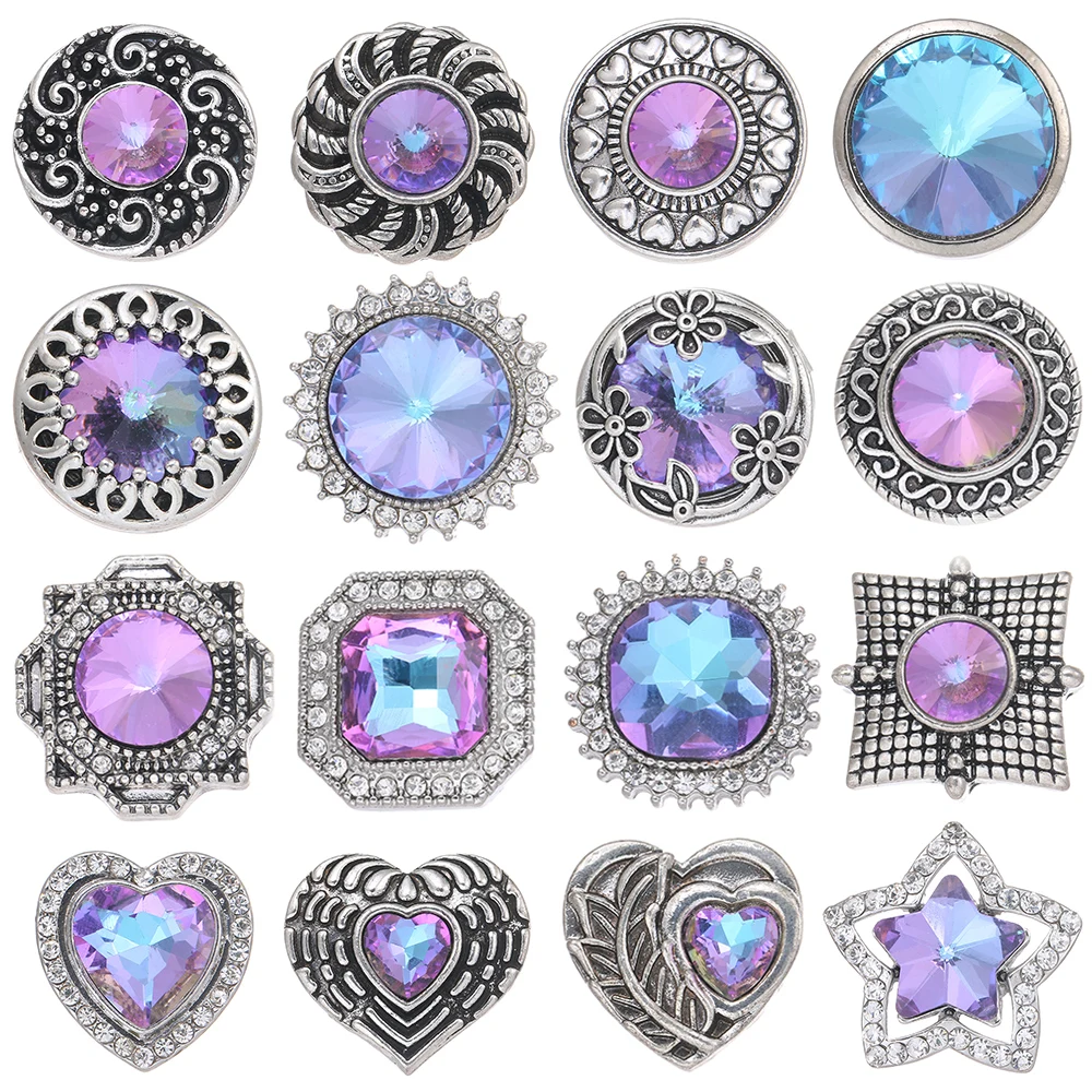 Beauty Purple Rhinestone Flowers Hearts Square metal 18mm snap buttons for 18mm snap jewelry Accessories Women Gift