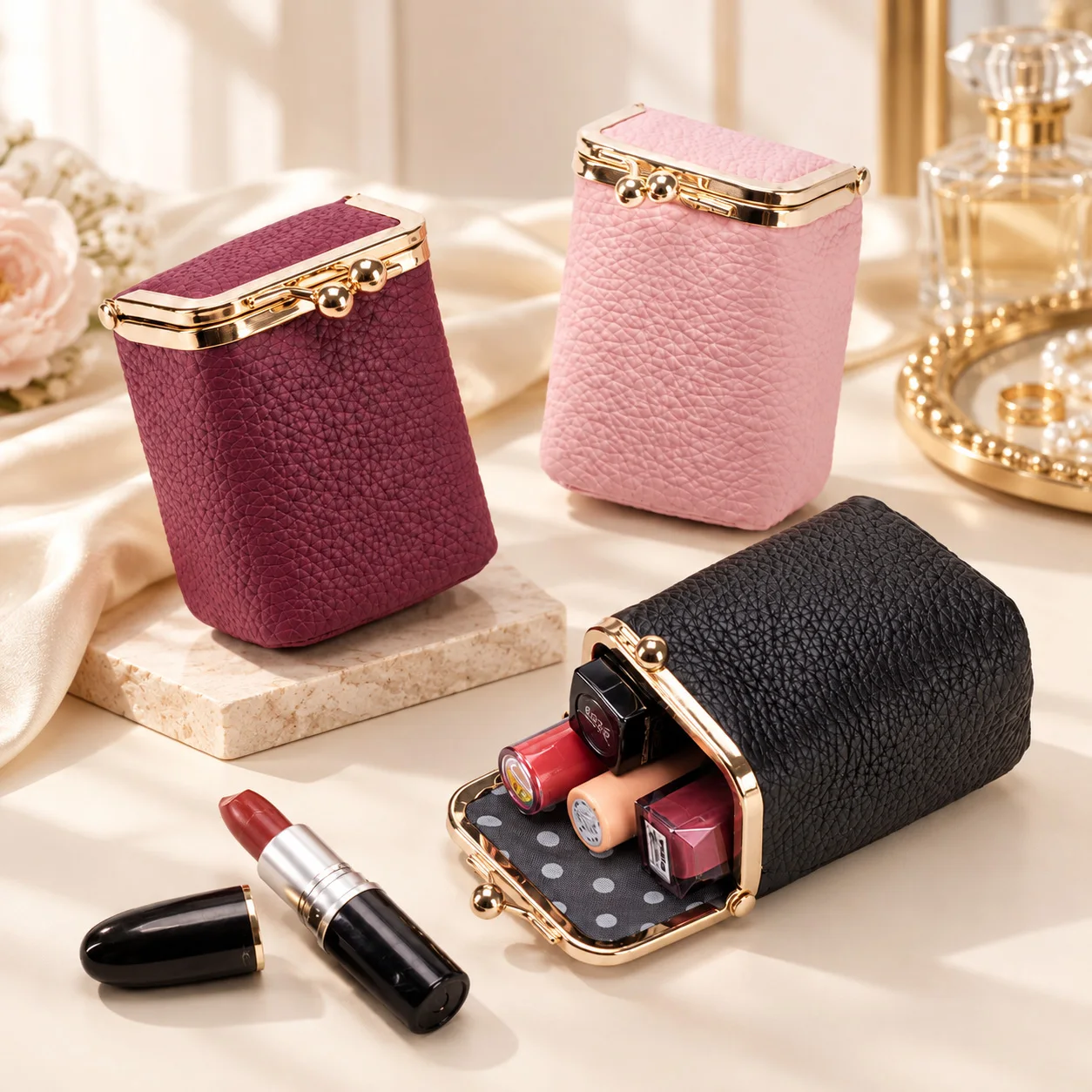 Women's Vintage Lipstick Holder, Mini Kiss Lock Coin Purse, Textured Leather Pouch for Earbuds, Cash and Small Items makeup bag
