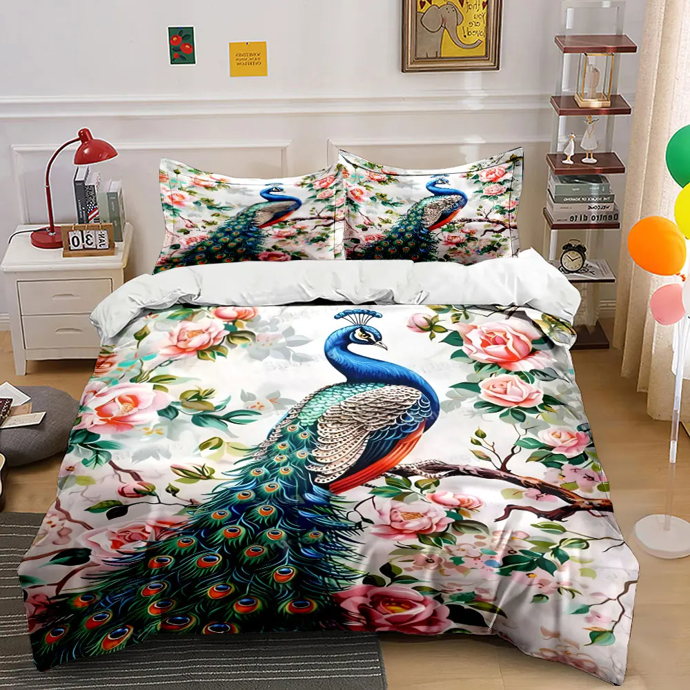 Peacock on roses branch artwork Print Bedding Set 1 Duvet Cover 2 Pillowcases for Adult and Children Luxury Gift Full Size