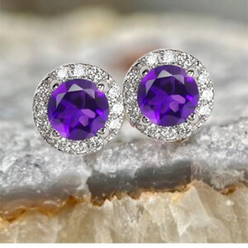 

100% S925 серебристый аметист, синий, фиолетовый, искусственные 4-зубчатые серьги-гвоздики с ореолом для женщин, позолоченные, желтые, позолоченные