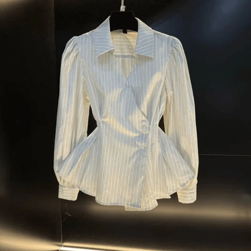 

Chic Waist Slimming Shirt Women's Spring Contrast Striped Long-sleeved Top