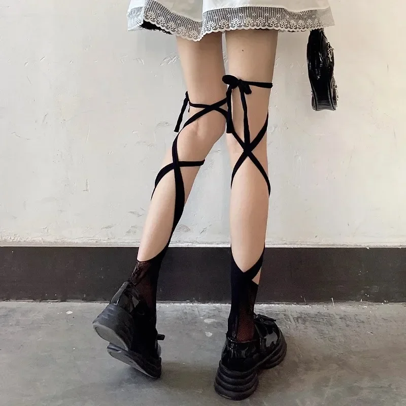 Lolita Kawaii Mesh Calf Socks Harajuku Irregular Straps Split Toe Fishnet Stockings Gothic White Lace Hollow Thigh High Socks