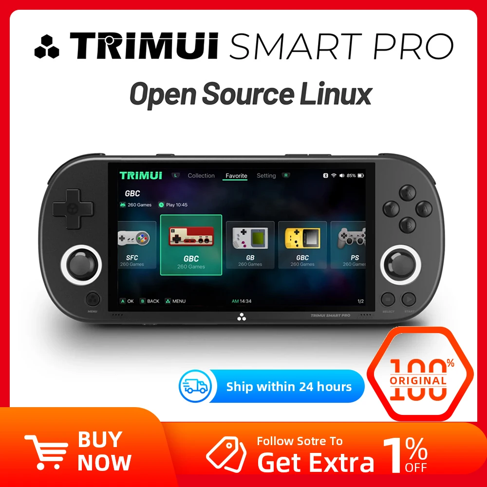 جهاز ألعاب محمول Trimui Smart Pro بشاشة IPS 4.96 بوصة، نظام لينكس، عصا تحكم، إضاءة RGB، مشغل ألعاب فيديو ريترو ذكي