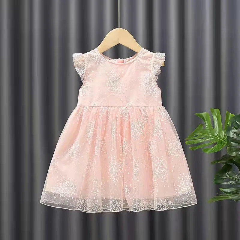 2024 Summer Princess Kids Girls Dress Ruffles Fly Sleeve Polka Dot Mesh Lace Tutu Dress With Butterfly Wings