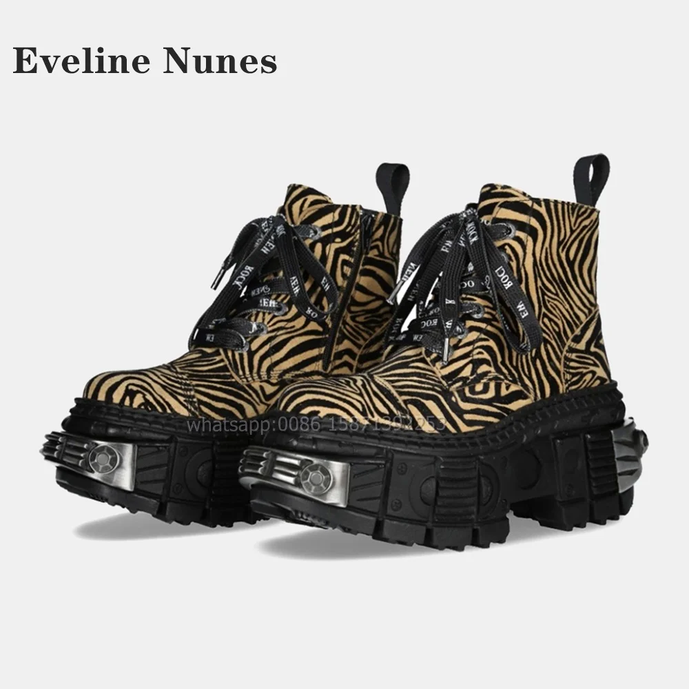 Leopard Metal Decoration Women Boots Round Toe Lace Up Tank Soled Booty Mixed Colors Rubber Retro Punk Large size Shoes Spring