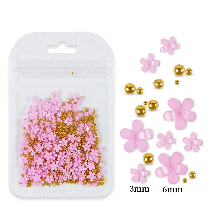 200pcs Mixed Size Flower Nail Art Rhinestones Colorful Acrylic Flower 3D Nail Charms Gold Silver Beads Nails Accessories Supply