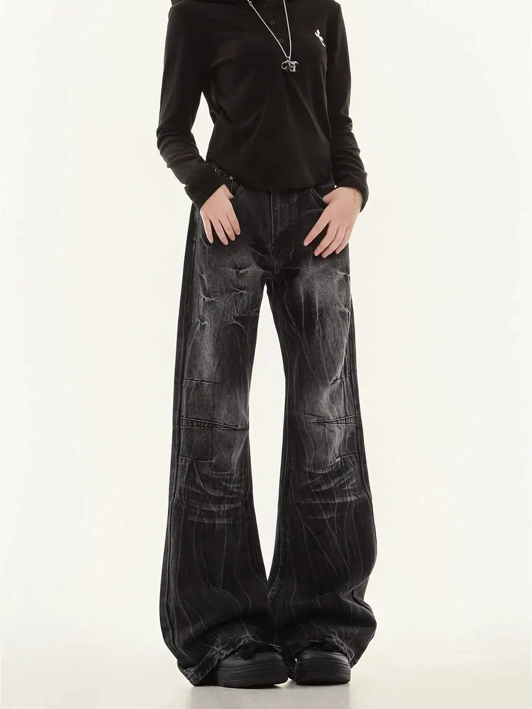 

American Style Denim Pants Washing Dying Contrast Color Casual Wide Leg Flared Trousers Autumn Jeans for Women