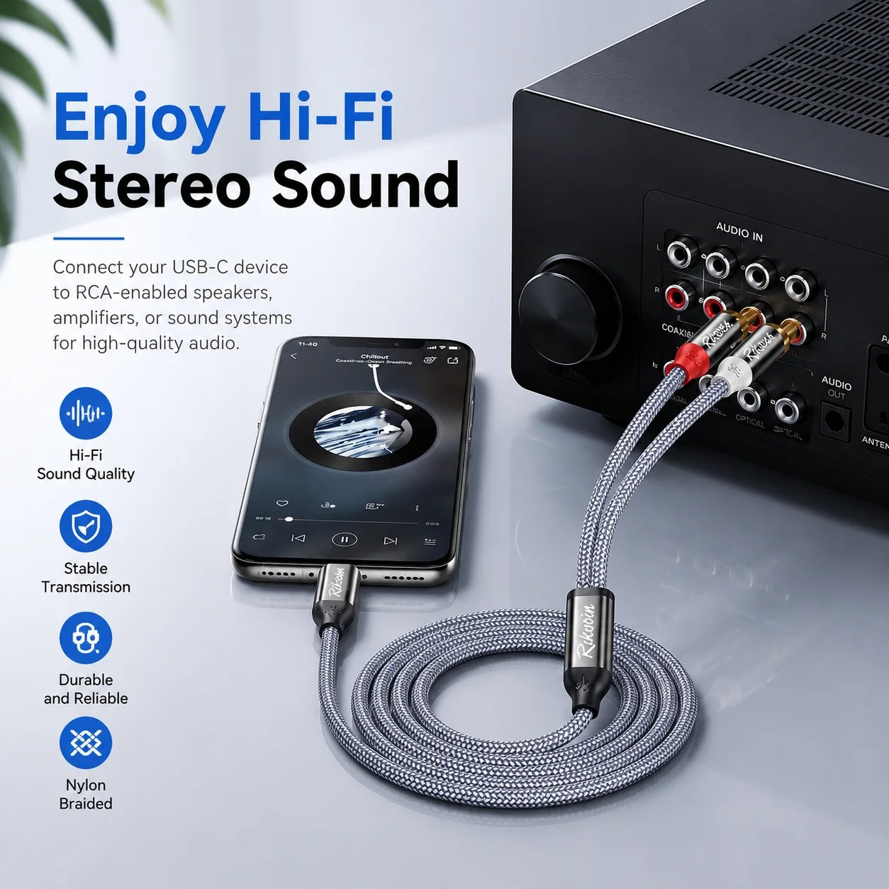 Riksoin USB C to RCA Audio Cable Type C to 2 RCA Cable with DAC for Speaker Amplifier Huawei Xiaomi Laptop USB C Splitter RCA Y view 4