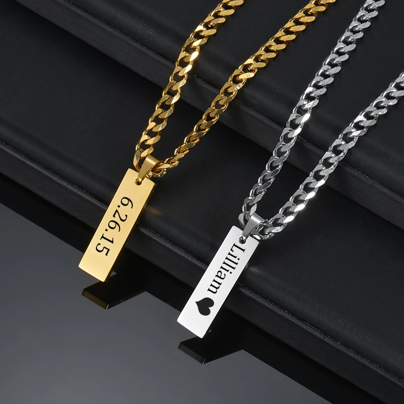 Letdiffery Personalized Engrave Name Square Pendant Necklace Bracelet Stainless Steel Custom Date Text ID Bar Choker Jewelry