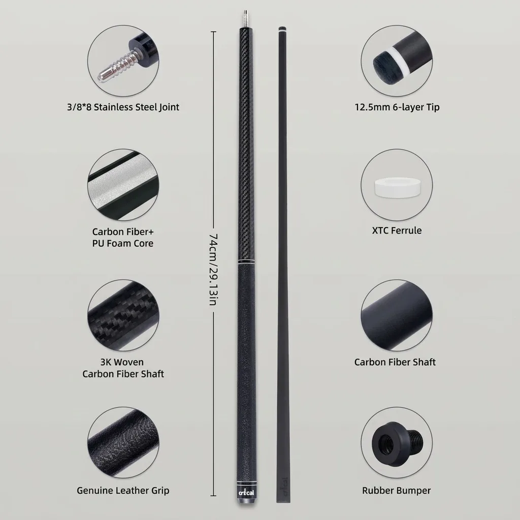 CRICAL Carbon Fiber Pool Cue with Stick Low Deflection Shaft - 58 Inch Billiard Cue Stick with 12.5mm Tip, 3/8x8 Joint