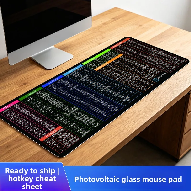 Extra Large Tempered Glass Desk Mat with Printed Shortcut Cheat Sheet Waterproof 9H Hard Surface Mouse Pad for Office and
