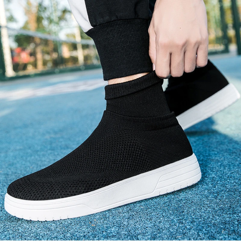 Men Thick Bottom Sneakers Autumn Couple New Non-slip Sock Shoes Breathable Mesh Round Head Casual Walking High-top Flats