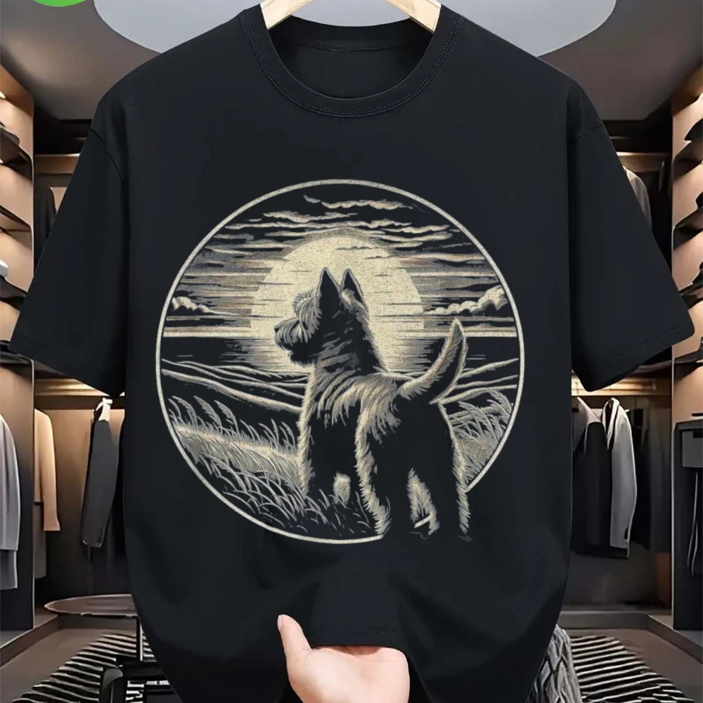 Vintage Cairn Terrier Retro Sunset Scene Art T-Shirt 100% Regular Fit Short Sleeve Tee for Men Women Black Casual Shirt