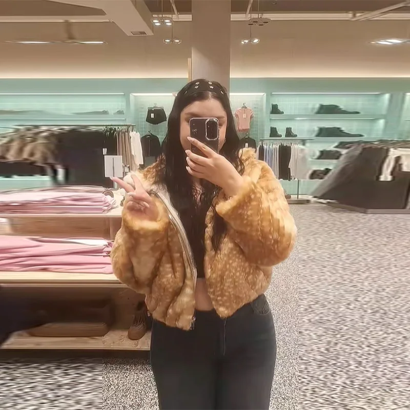 Chaqueta de piel sintética manchada de ciervo para mujer, prendas de vestir peludas cálidas de gran tamaño con solapa de manga larga, ropa de calle de otoño e invierno para señora nueva 2025