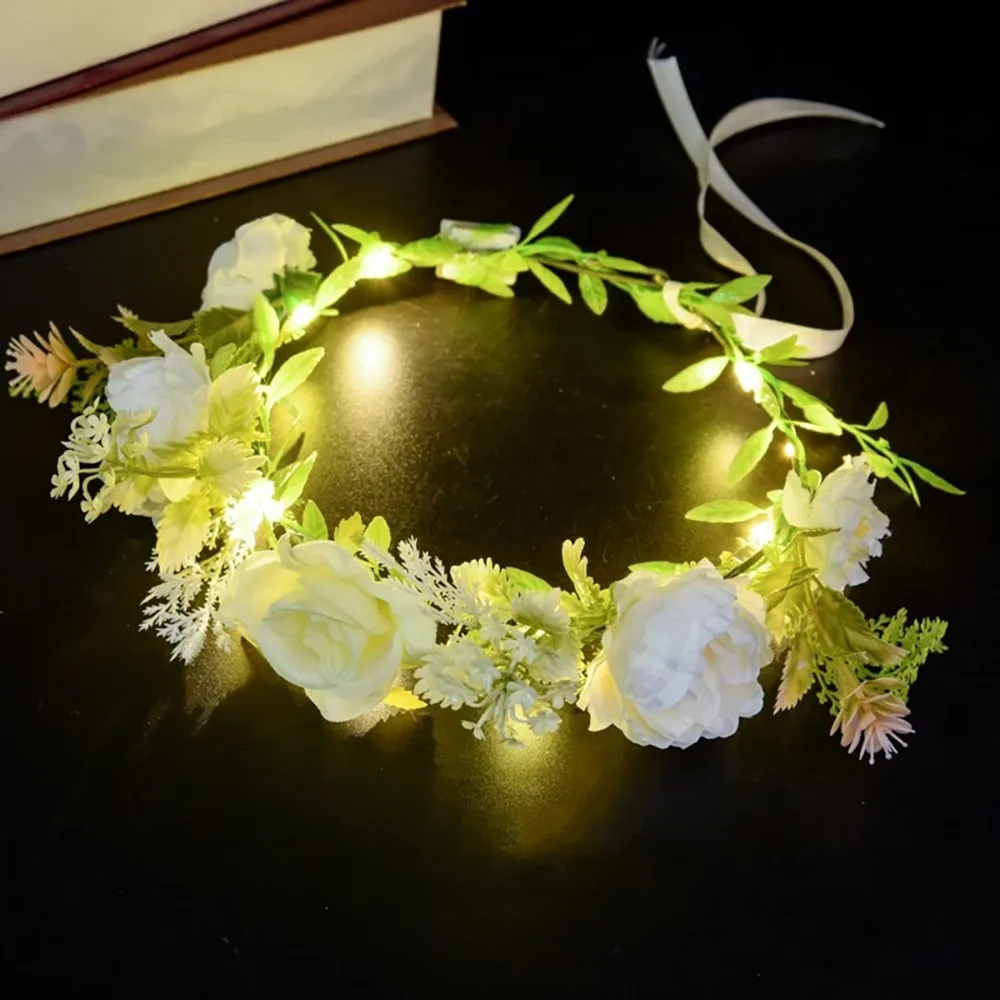

Simulation Rose Flower Flower Crown Hairband Glowing Luminous Wreath Headband Hair Hoop Tiara LED Light Garland