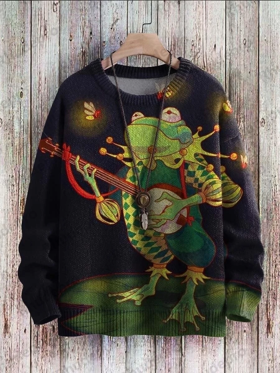 Halloween Wizard Frog Magic Art Pattern 3D Printed Men's Knitted Pullover Winter Unisex Casual Knit Sweater