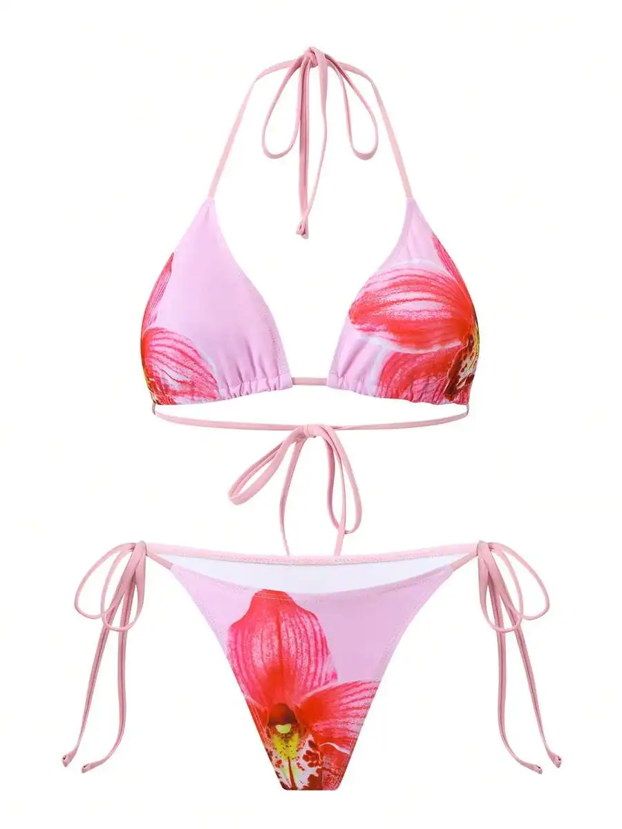 

Floral Print Triangle Bikini Set Women Pink Thong Swimsuit Beach Vacation Swimwear