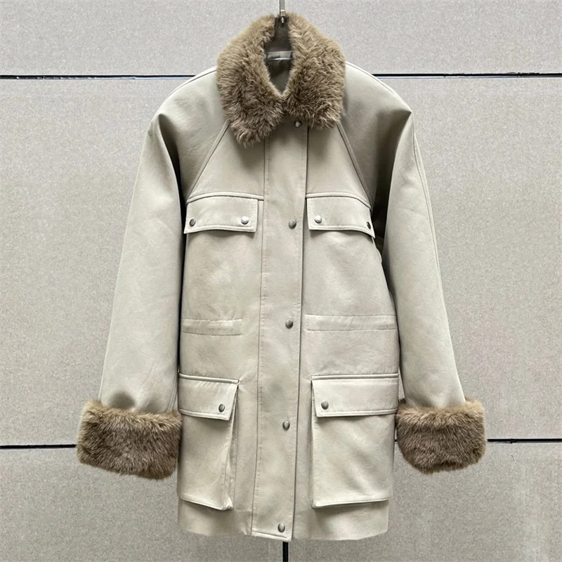 

Женская куртка 2026, весенняя новинка, женское пальто из чистого хлопка с несколькими карманами и воротником из искусственного меха, декоративная верхняя одежда y2k