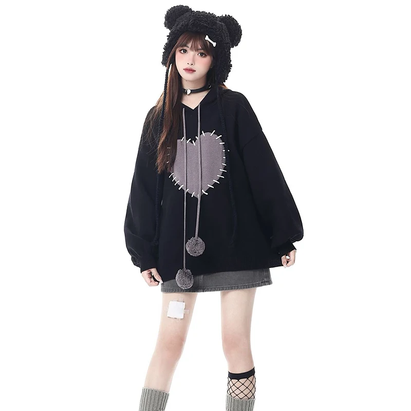 

Gothic Y2K Heart Hoodies Women Harajuku Kawaii Oversize Retro Long Sleeve Pullovers Autumn Hip Hop Female Autumn Sweatshirt Tops