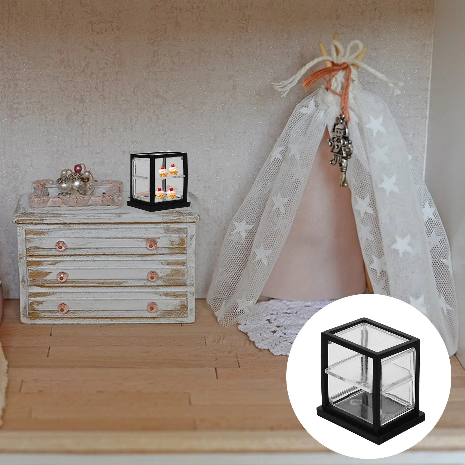 

3Pcs Mini Cake Dessert Cabinet Acrylic ABS Transparent Mini Display Cabinet Dollhouse Bakery Scene Decor Compact Sliding Door