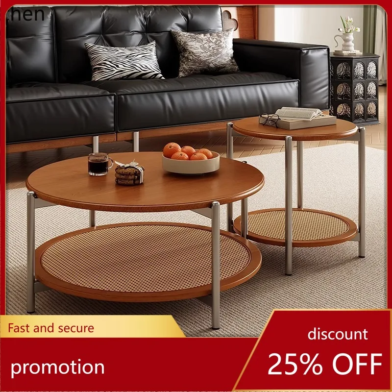 CZ Vintage Woven Rattan Coffee Table, Retro Style, Round Coffee Table for Living Room, Small Apartment, Mobile Coffee Table