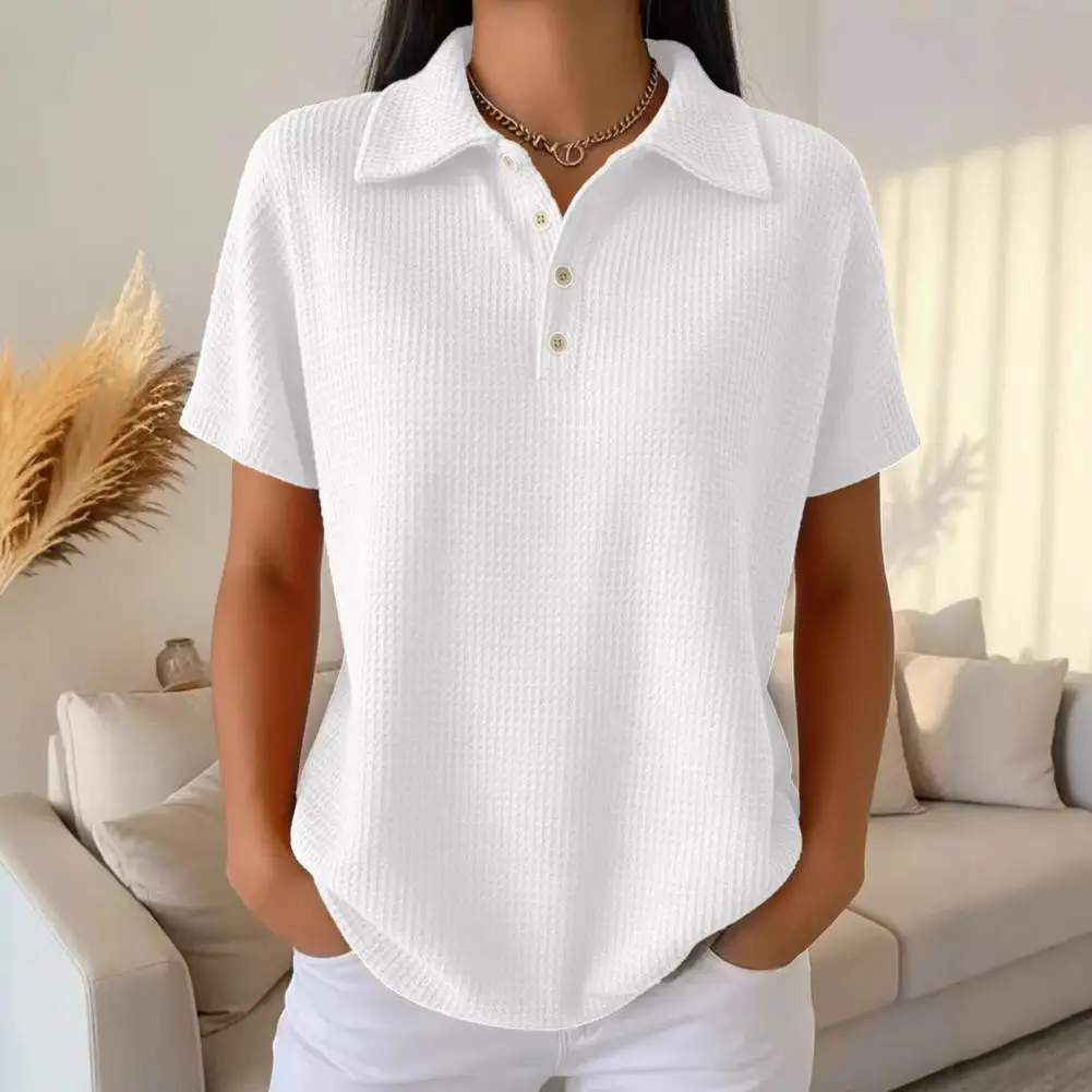 

Женская рубашка с пуговицами, женская рубашка с отложным воротником и коротким рукавом, топы, блузки с вафельной текстурой, стандартный крой, с частичной планкой, универсальная модель