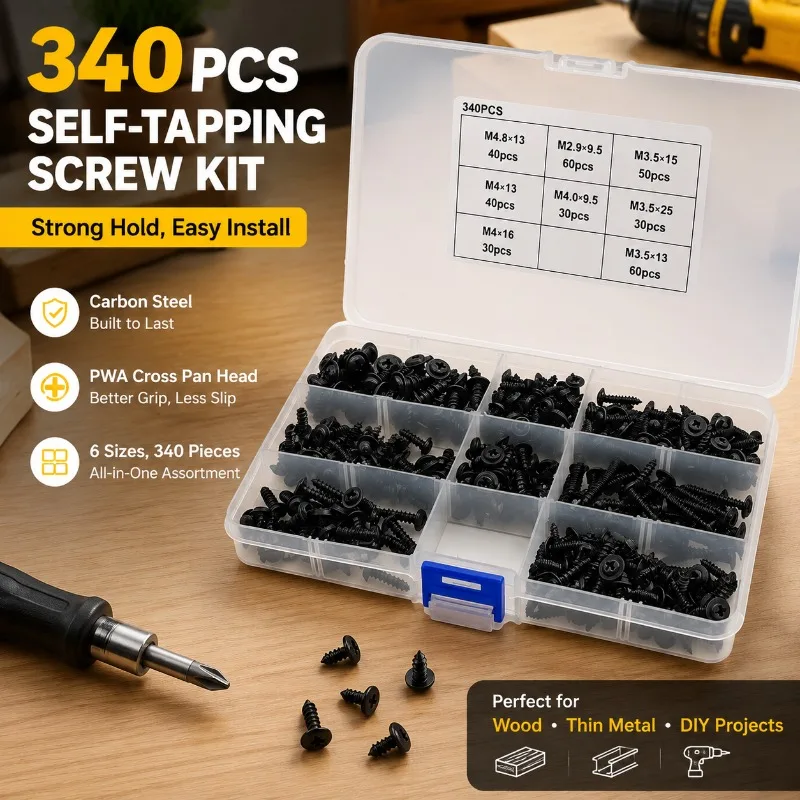 340Pcs Carbon Steel Cross Pan Head Self-tapping Screws with Washer, M3-M4.8 Hardware Fastener Kit, Integrated Gasket Design