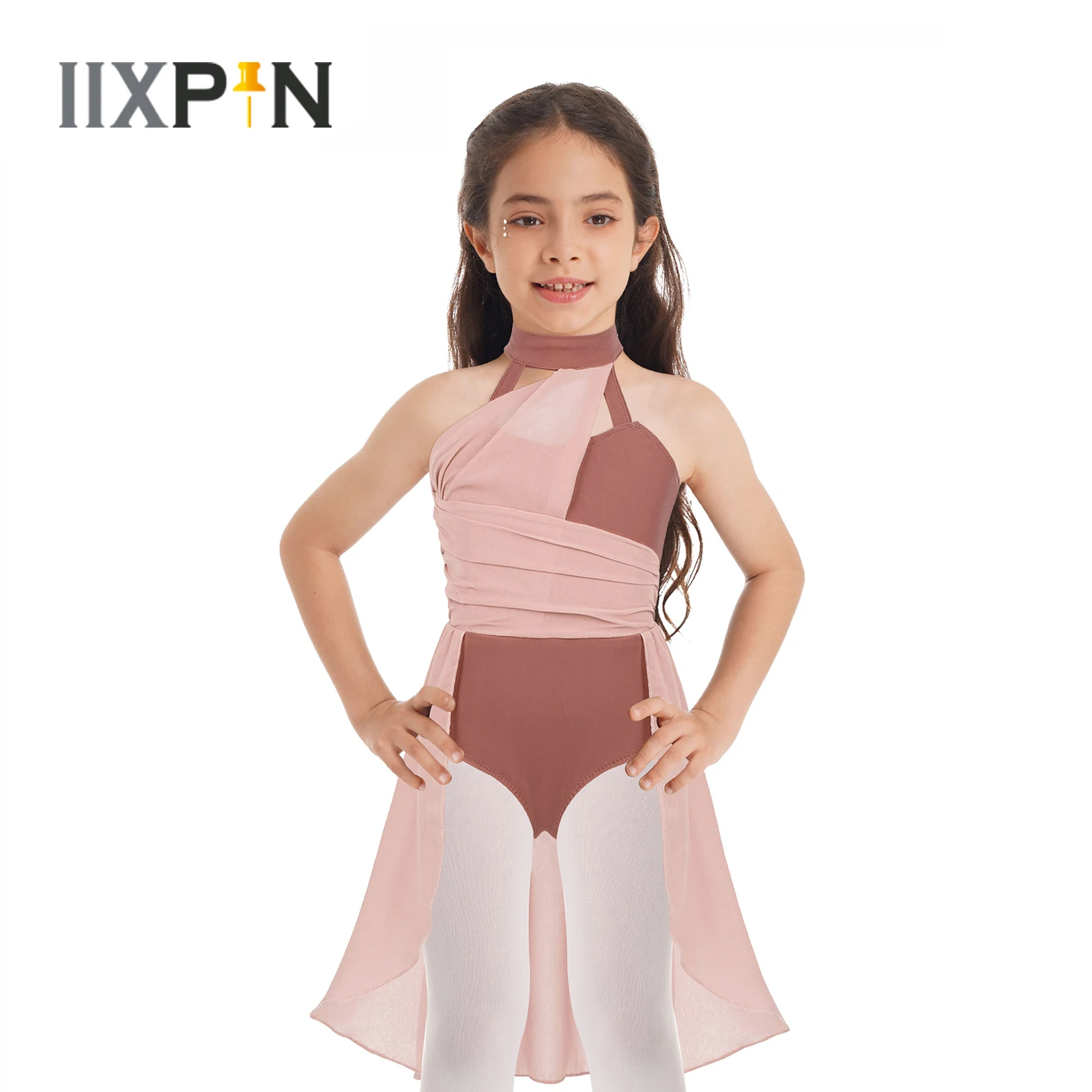 IIXPIN-Vestido de Chiffon feminino, Traje de dança lírica infantil, Corpete Ruched, Costas enjauladas, Vestido collant, Contemporâneo Dancewear