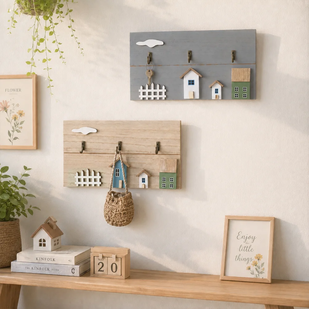 Multi Hook Wooden Entryway Key Rack Farmhouse 3D House Wall Hanging Storage Holder Waterproof Wood Decor for Hat Towel Jewelry